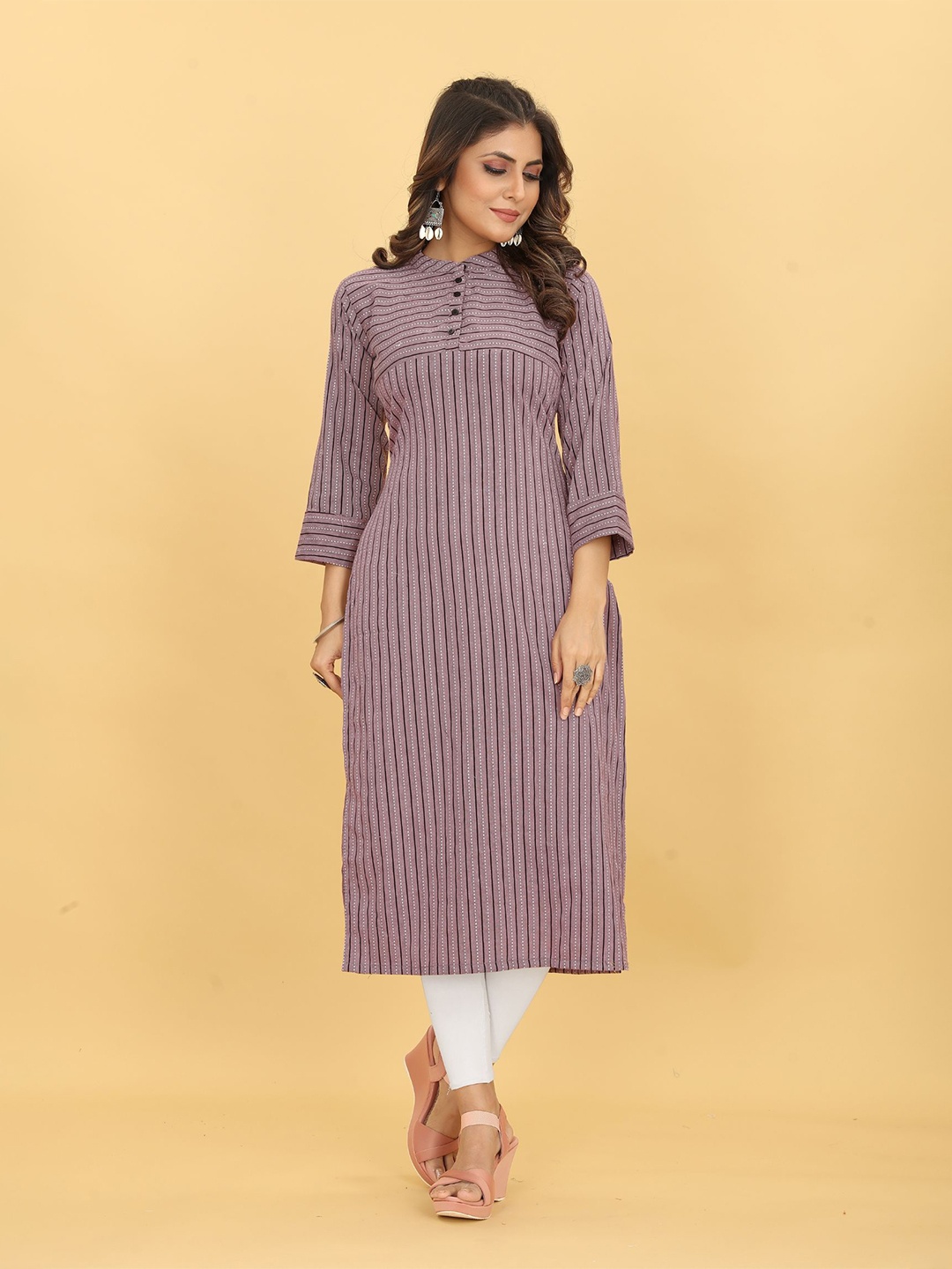 

KALINI Striped Band Collar Straight Kurta, Mauve