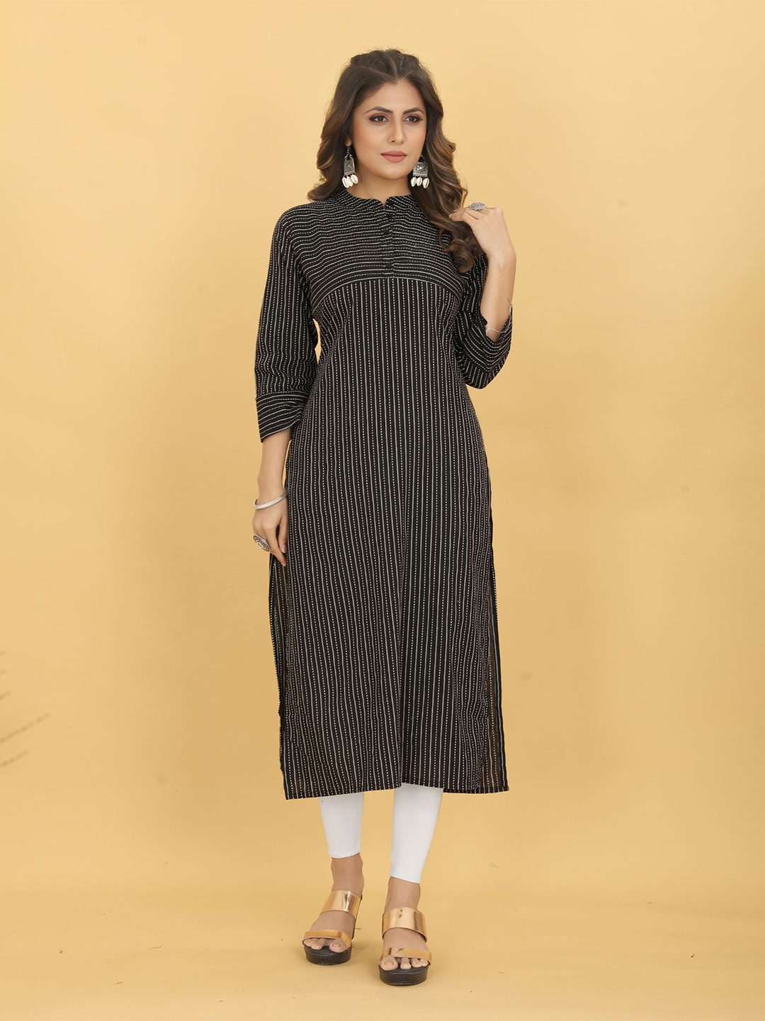 

KALINI Striped Band Collar Straight Kurta, Black