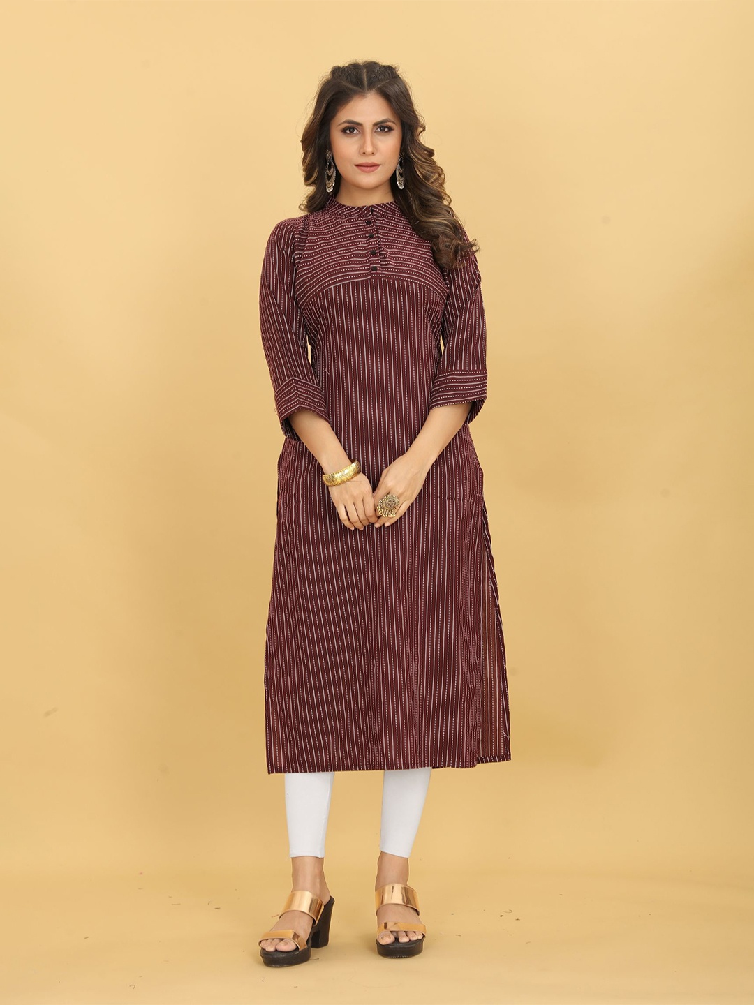 

KALINI Band Collar Striped Embroidered Thread Work Detail Straight Kurta, Maroon