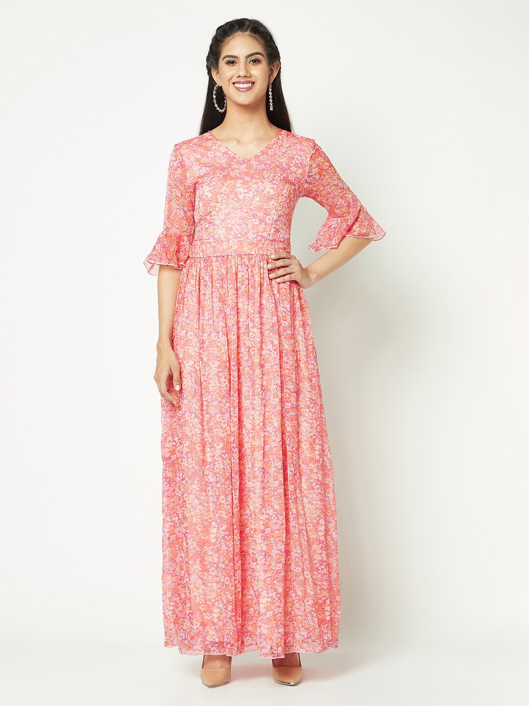 

GLITO Floral Printed Bell Sleeves Chiffon Maxi Dress, Pink