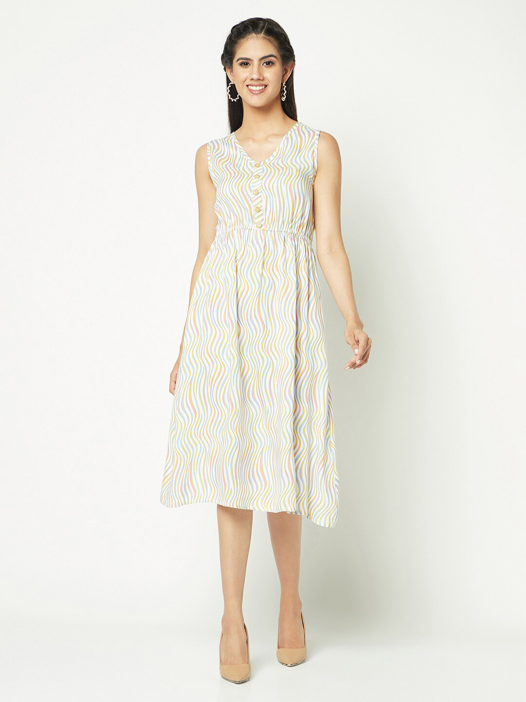 

GLITO Abstract Printed Sleeveless Fit & Flare Midi Dress, White