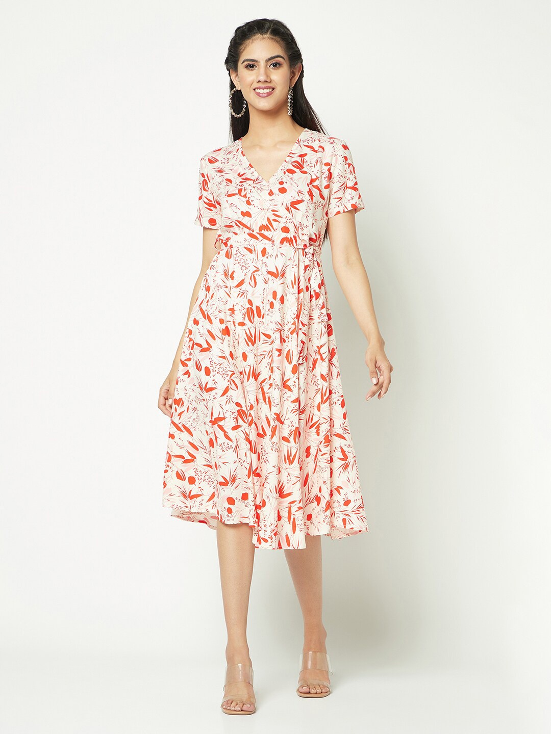 

GLITO Floral Printed V-Neck Fit & Flare Midi Dress, Orange