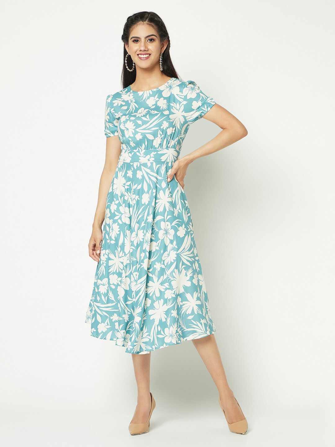 

GLITO Floral Printed Round Neck Fit & Flare Midi Dress, Sea green