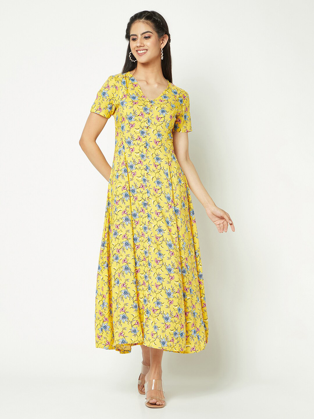 

GLITO Floral Printed V-Neck A-Line Dress, Yellow