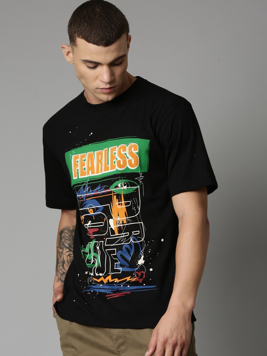 

Breakbounce Black Typography Printed Cotton Relaxed Fit T-Shirt