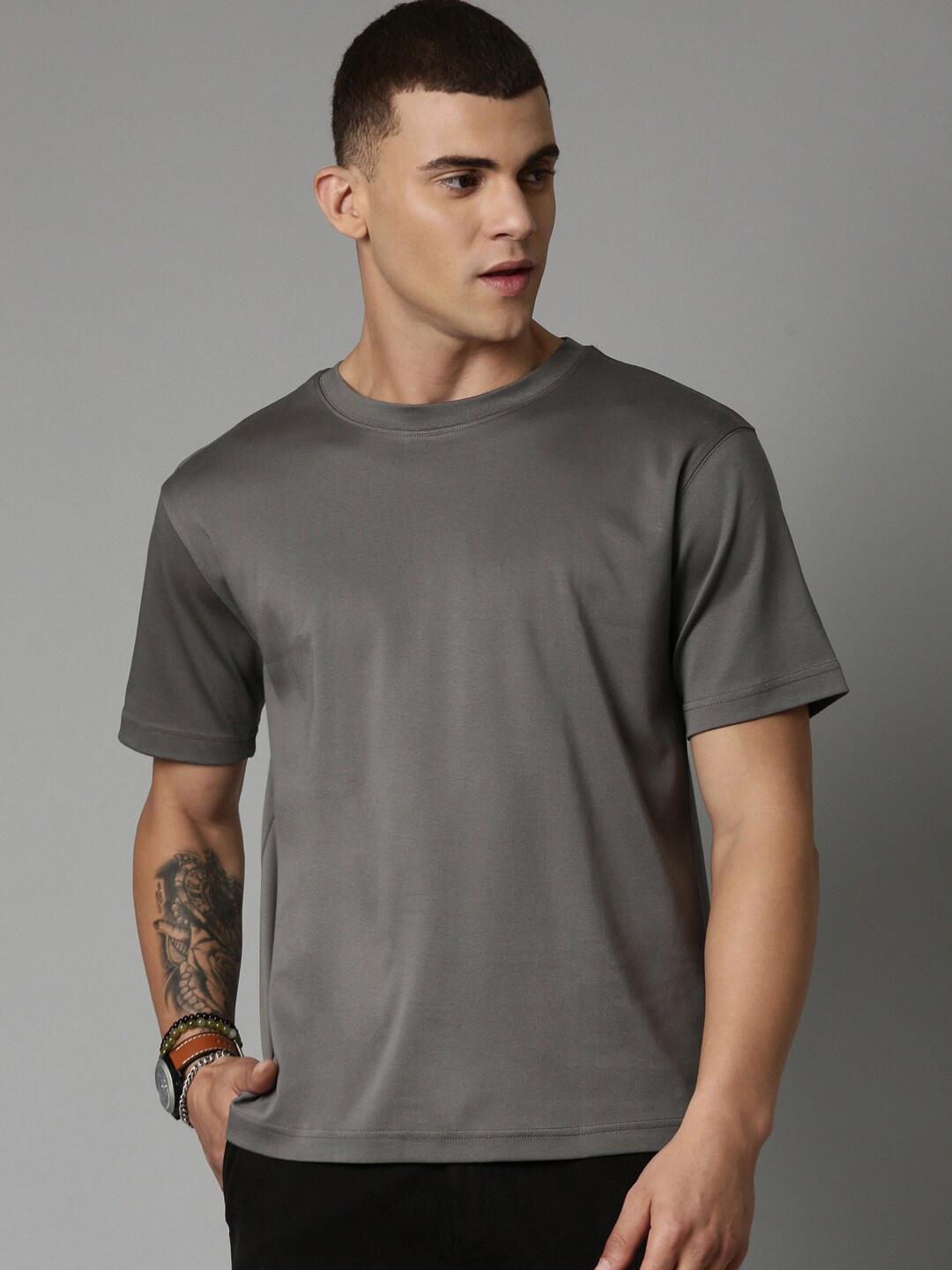 

Breakbounce Grey Round Neck Cotton T-shirt