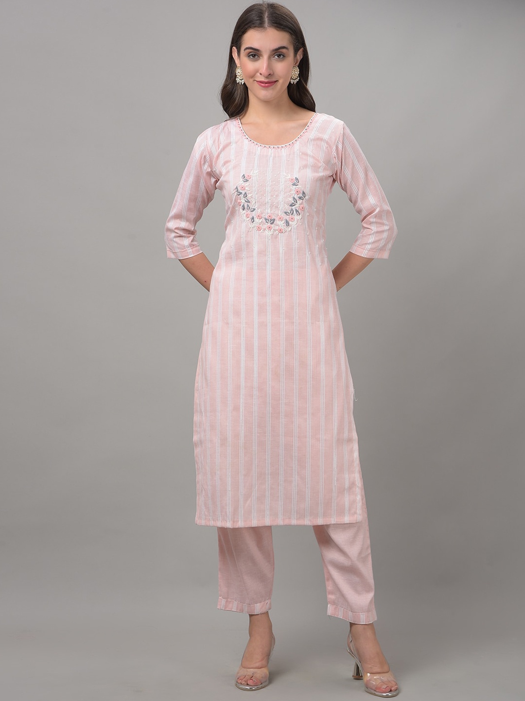 

Dollar Missy Floral Embroidered Thread Work Kurta With Trousers, Pink