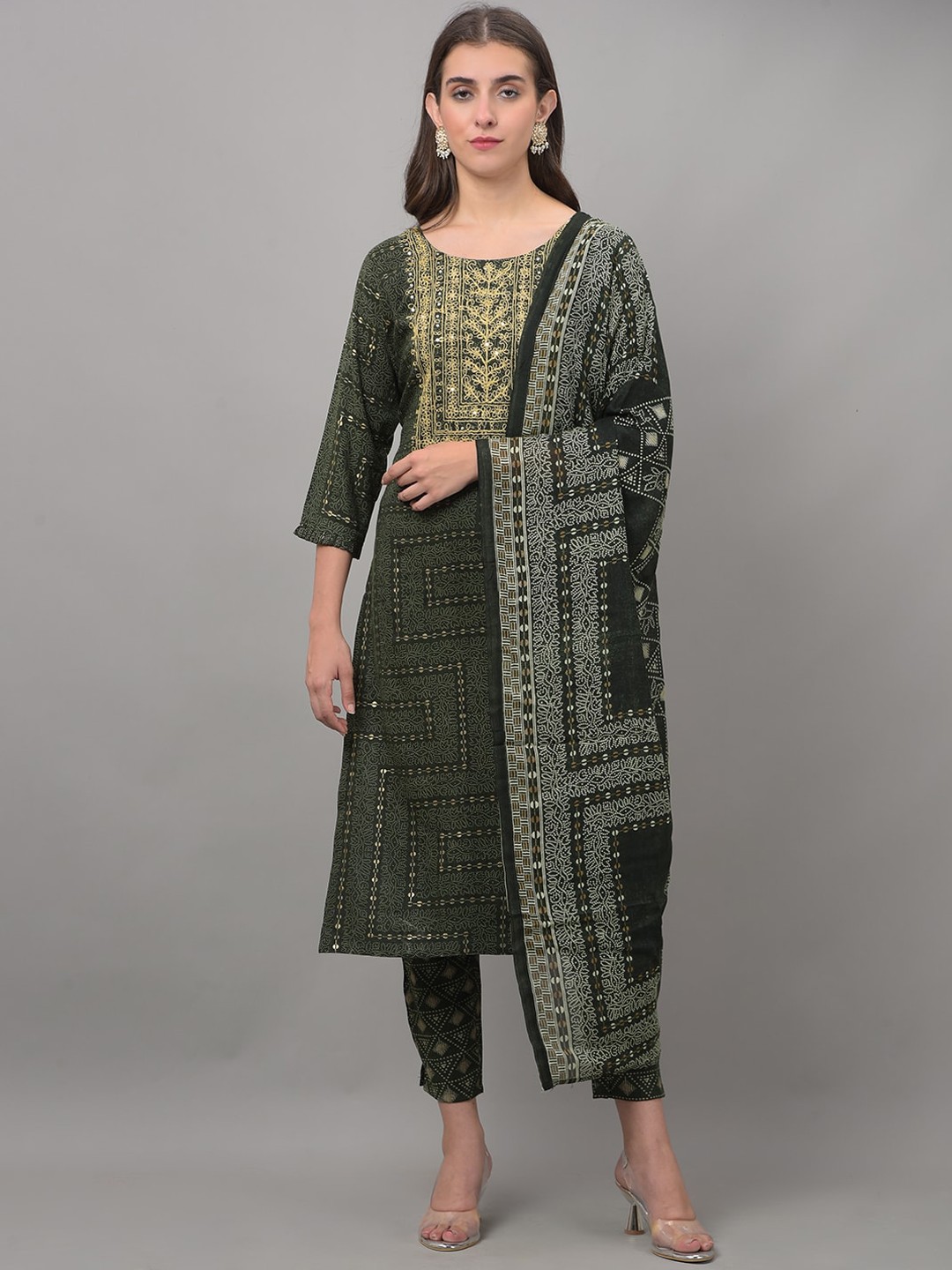 

Dollar Missy Ethnic Motifs Printed Regular Kurta With Trousers & Dupatta, Green