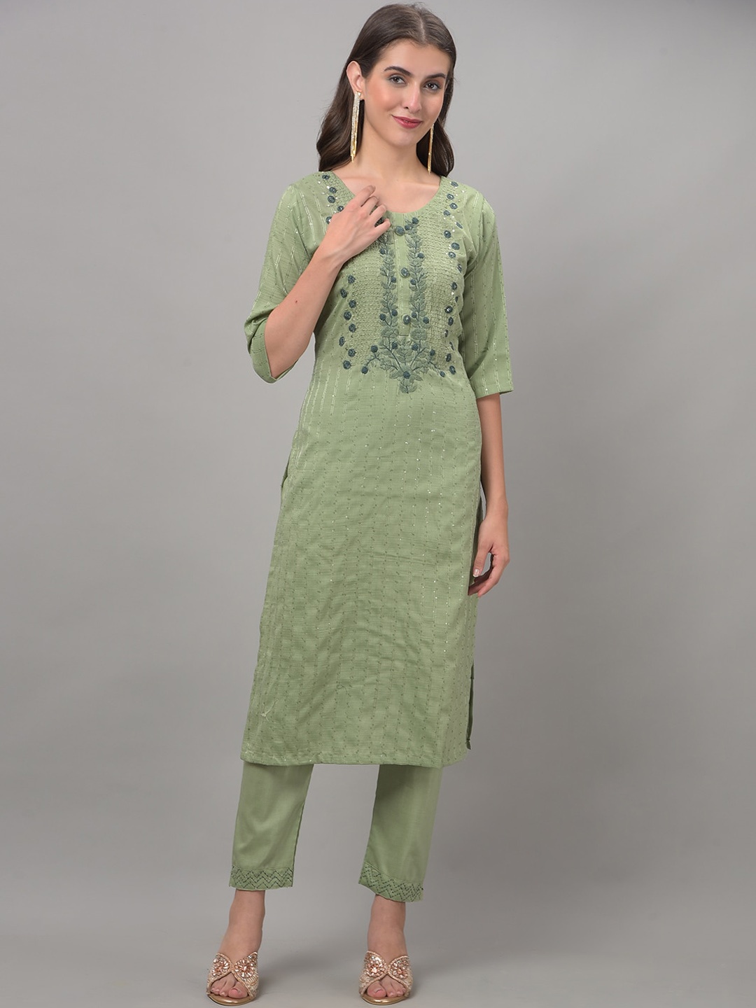 

Dollar Missy Floral Embroidered Regular Kurta With Trousers, Green