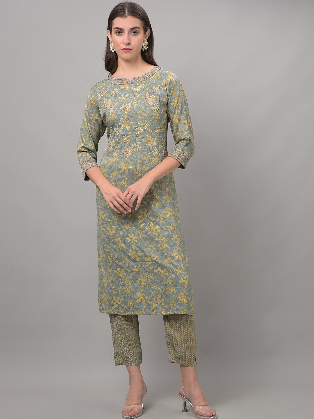

Dollar Missy Floral Printed Thread Work Kurta With Trousers, Blue