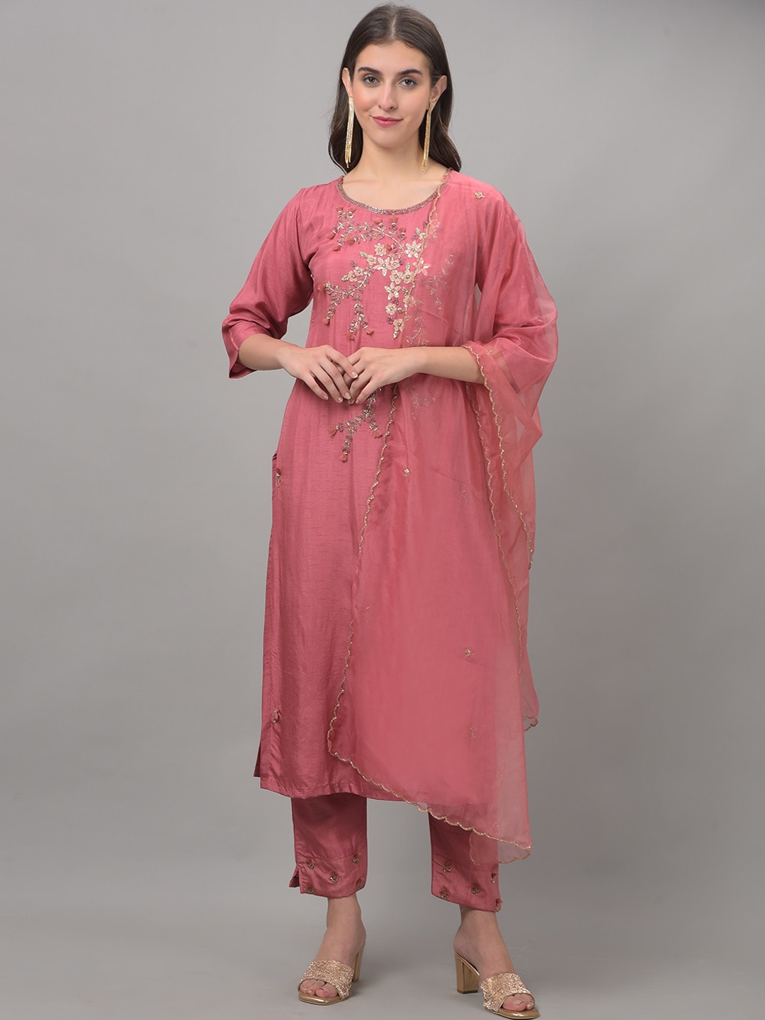

Dollar Missy Floral Embroidered Sequinned Kurta & Trousers With Dupatta, Purple