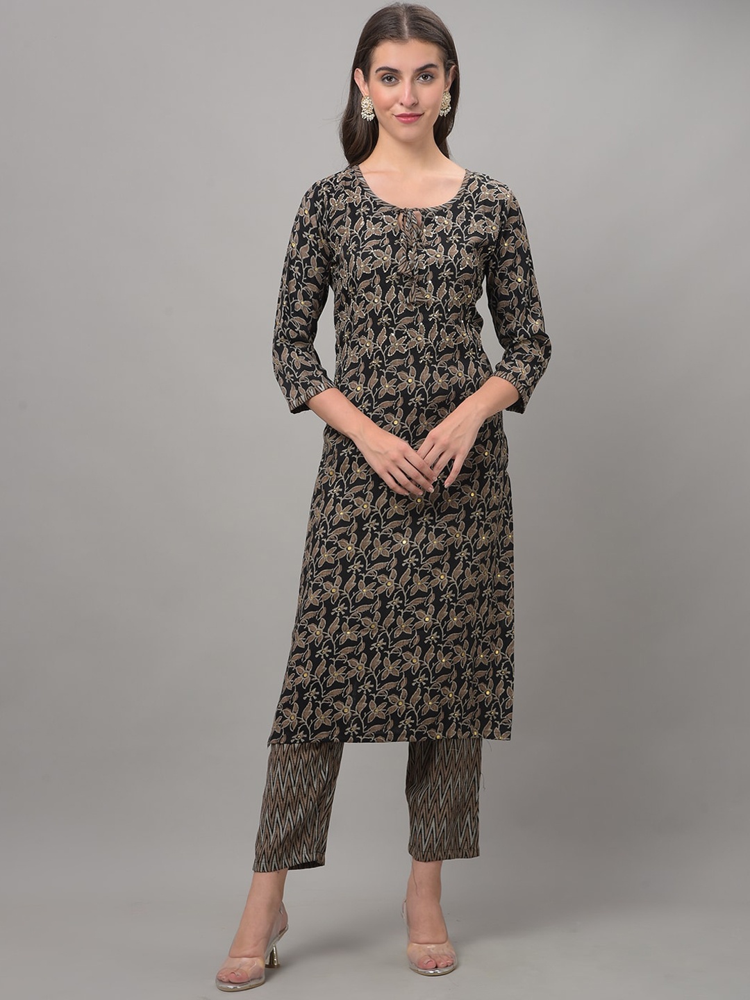 

Dollar Missy Floral Printed Beads And Stones Kurta With Trousers, Black