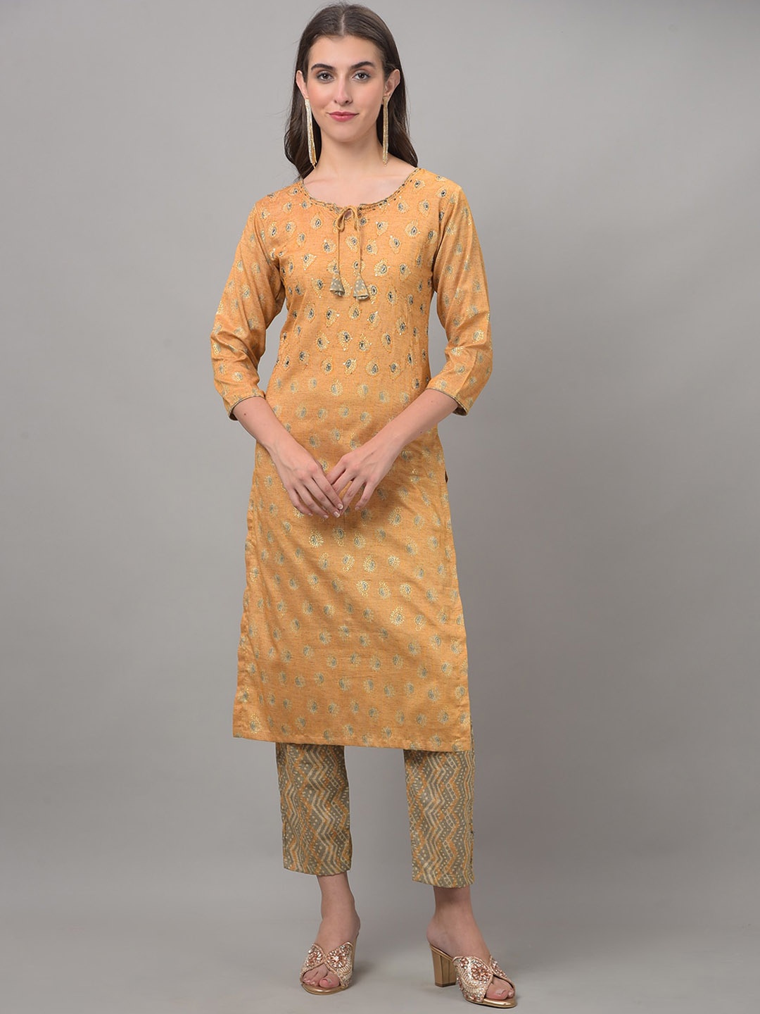 

Dollar Missy Ethnic Motifs Printed Sequinned Kurta With Trousers, Yellow