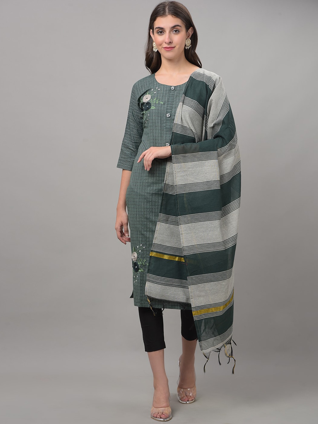 

Dollar Missy Floral Embroidered Thread Work Kurta With Trousers & Dupatta, Green