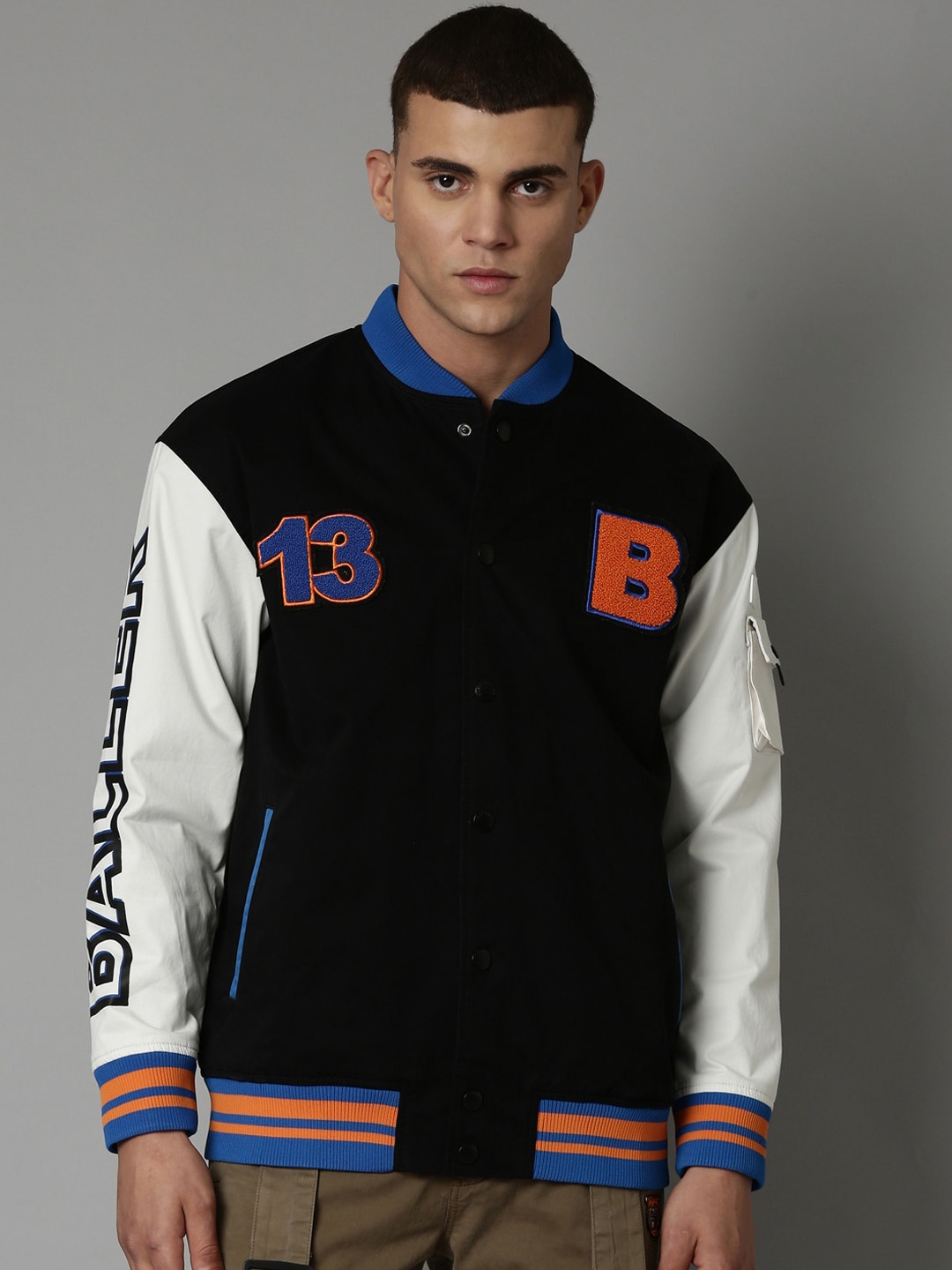 

Breakbounce Black Graphic Printed Oversized Varsity Jacket