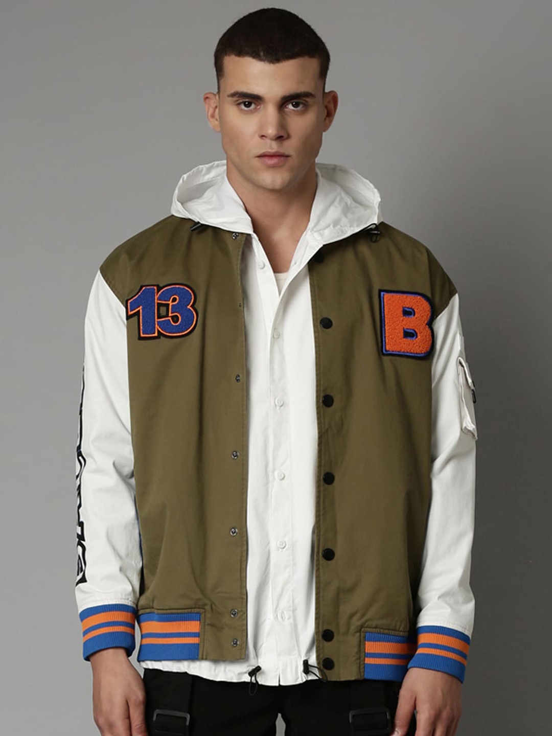 

Breakbounce Olive Green Graphic Printed Oversized Varsity Jacket