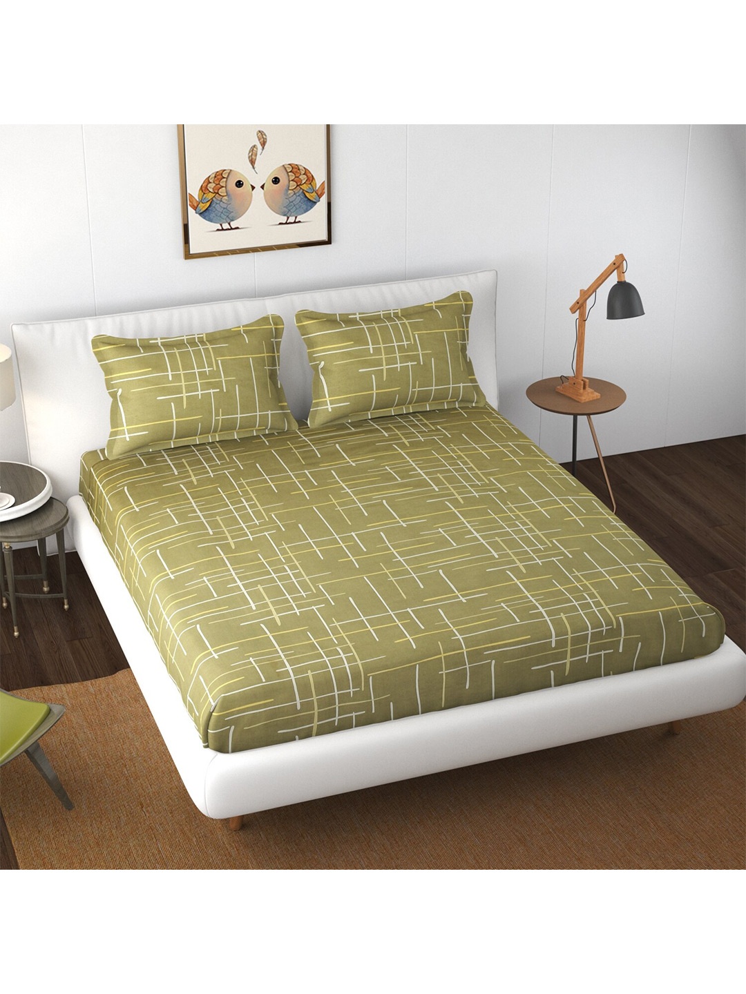 

Florida Green & White Geometric 120 TC King Bedsheet with 2 Pillow Covers