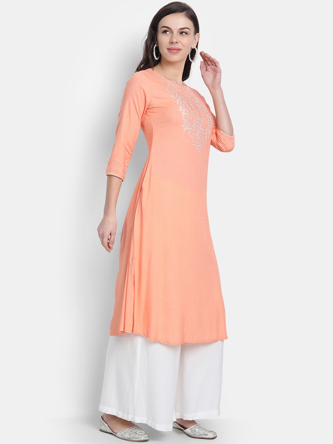 

SUTI Round Neck FLoral Embroidered Thread Work A-Line Kurta, Peach