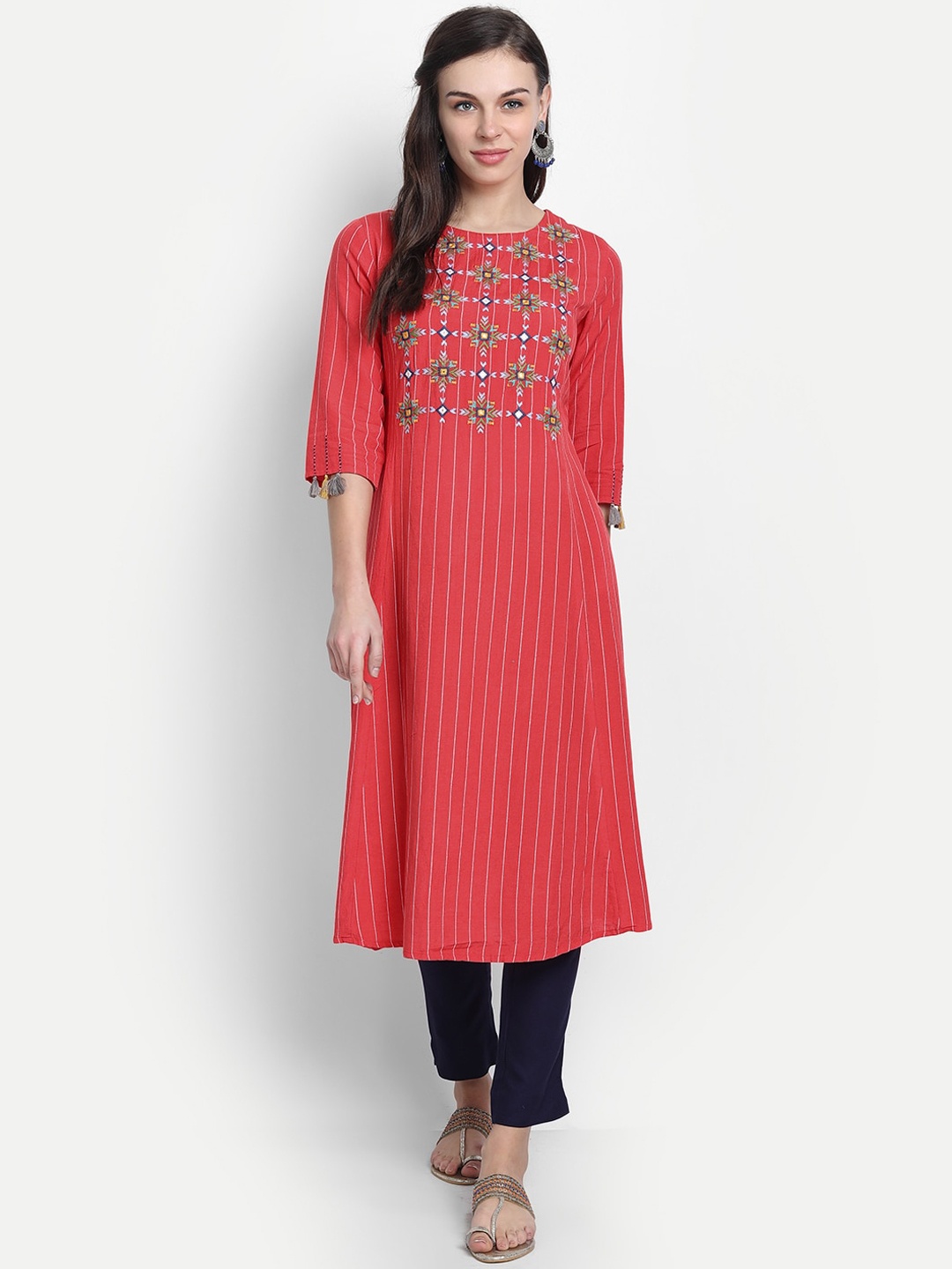 

SUTI Round Neck Striped Woven design Embroidered Yoke Design Thread Work A-Line Kurta, Coral