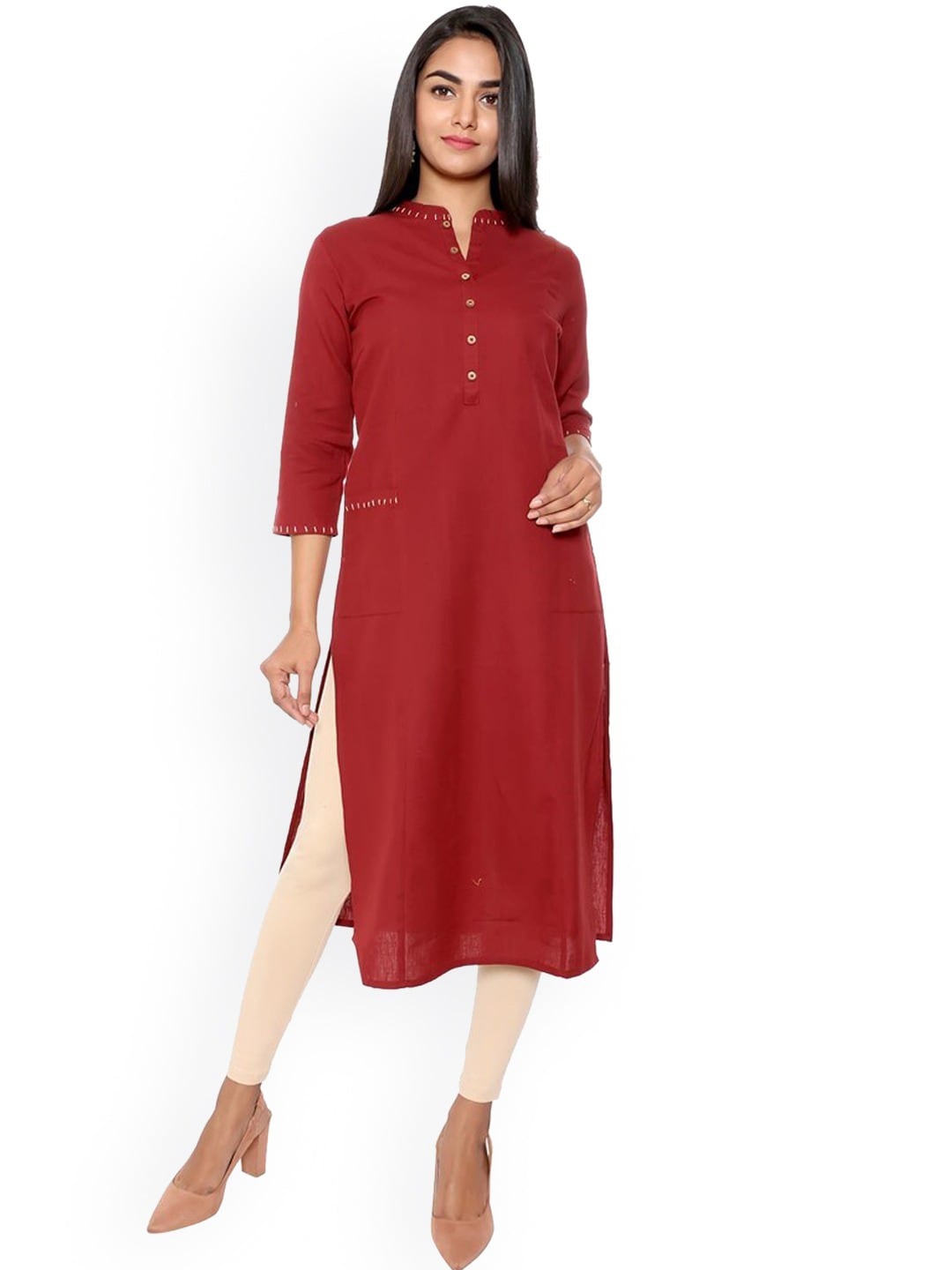 

SUTI Mandarin Collar Thread Work Cotton Kurta, Maroon