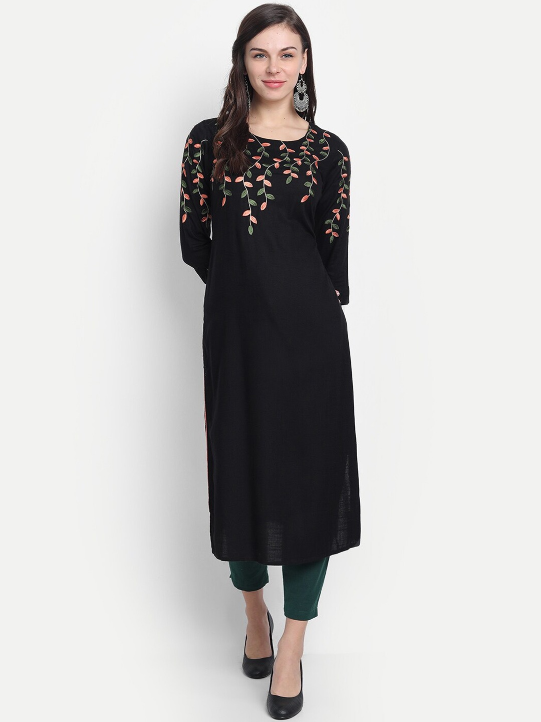 

SUTI Round Neck Floral Embroidered Yoke Design Thread Work Kurta, Black