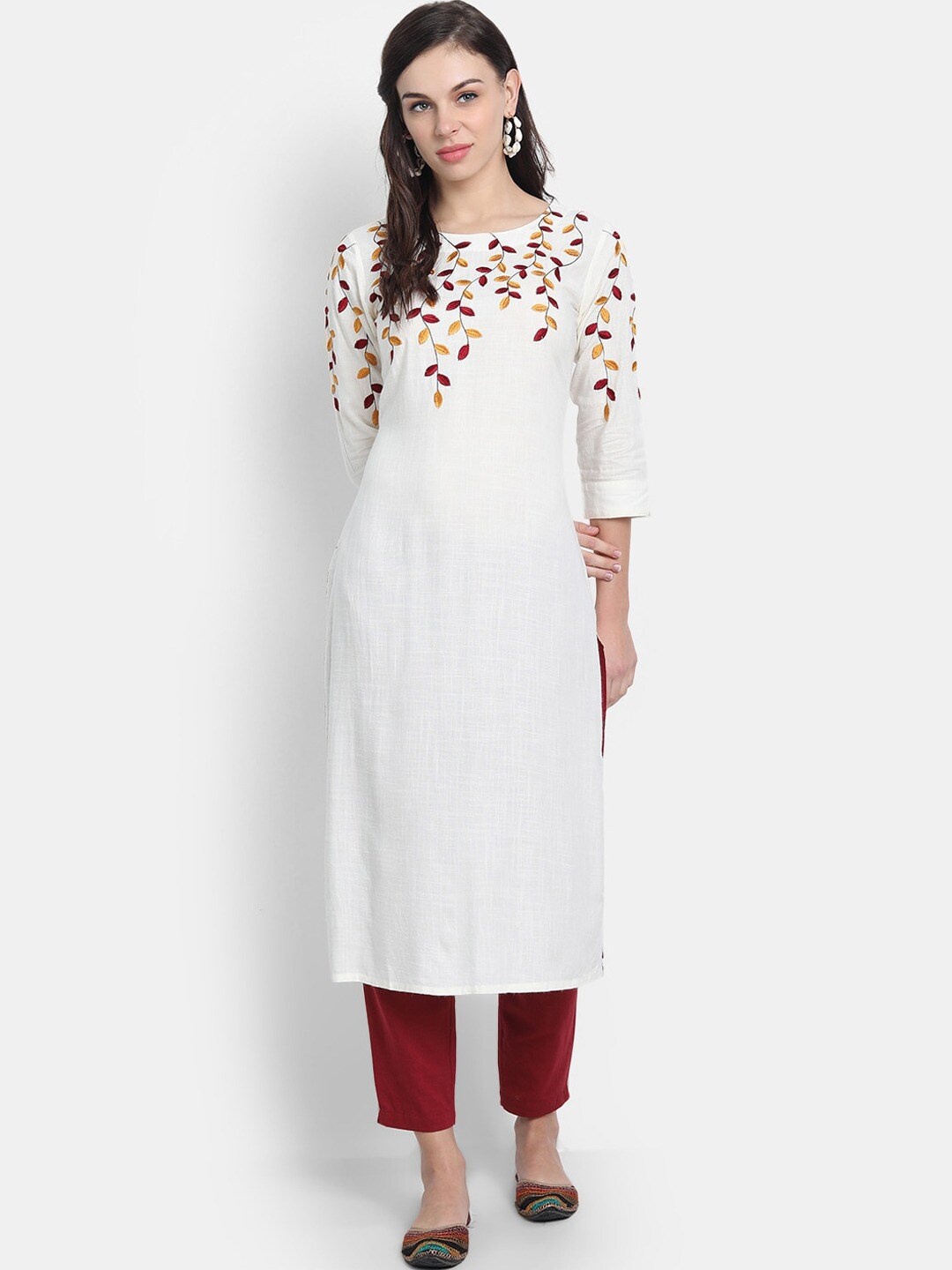 

SUTI Round Neck Floral Embroidered Yoke Design Thread Work Kurta, White