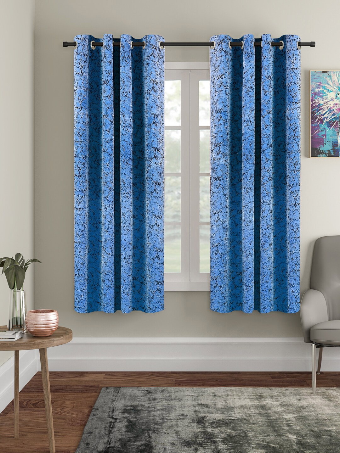 

Cortina Blue & Black 2 Pieces Printed Room Darkening Velvet Window Curtains