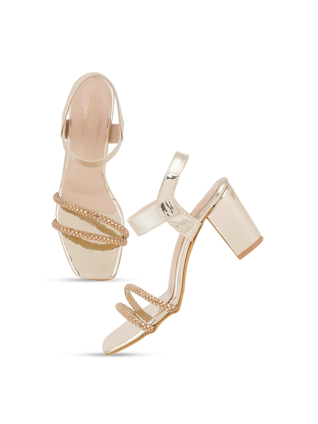 

SCENTRA Embellished Party Block Heels With Backstrap, Gold