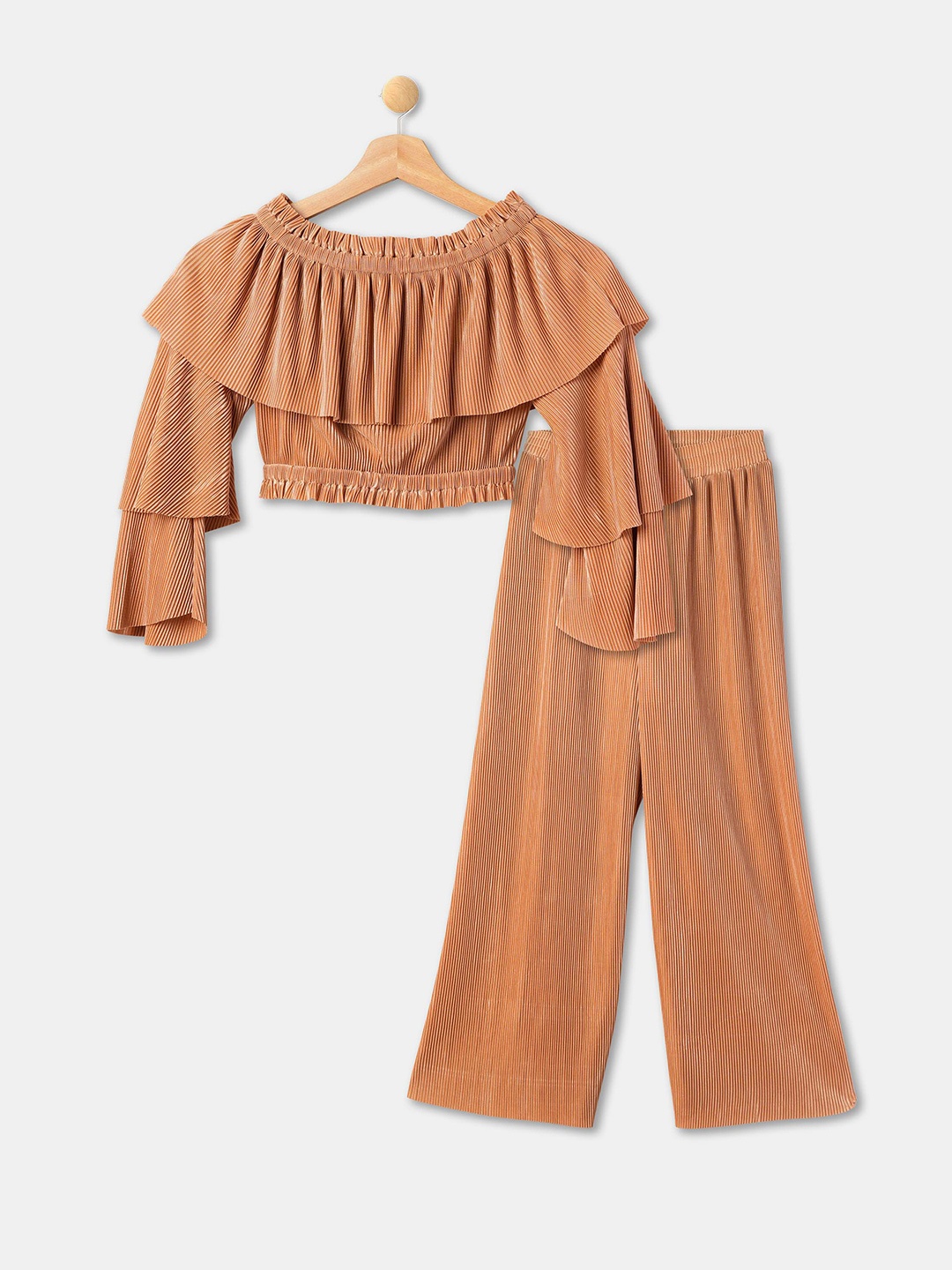 

R&B Girls Flared Sleeve Top With Palazzos, Camel brown