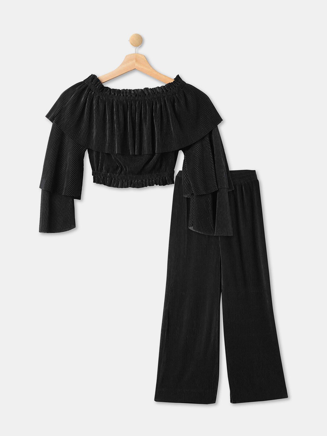 

R&B Girls Ruffled Top with Palazzos, Black