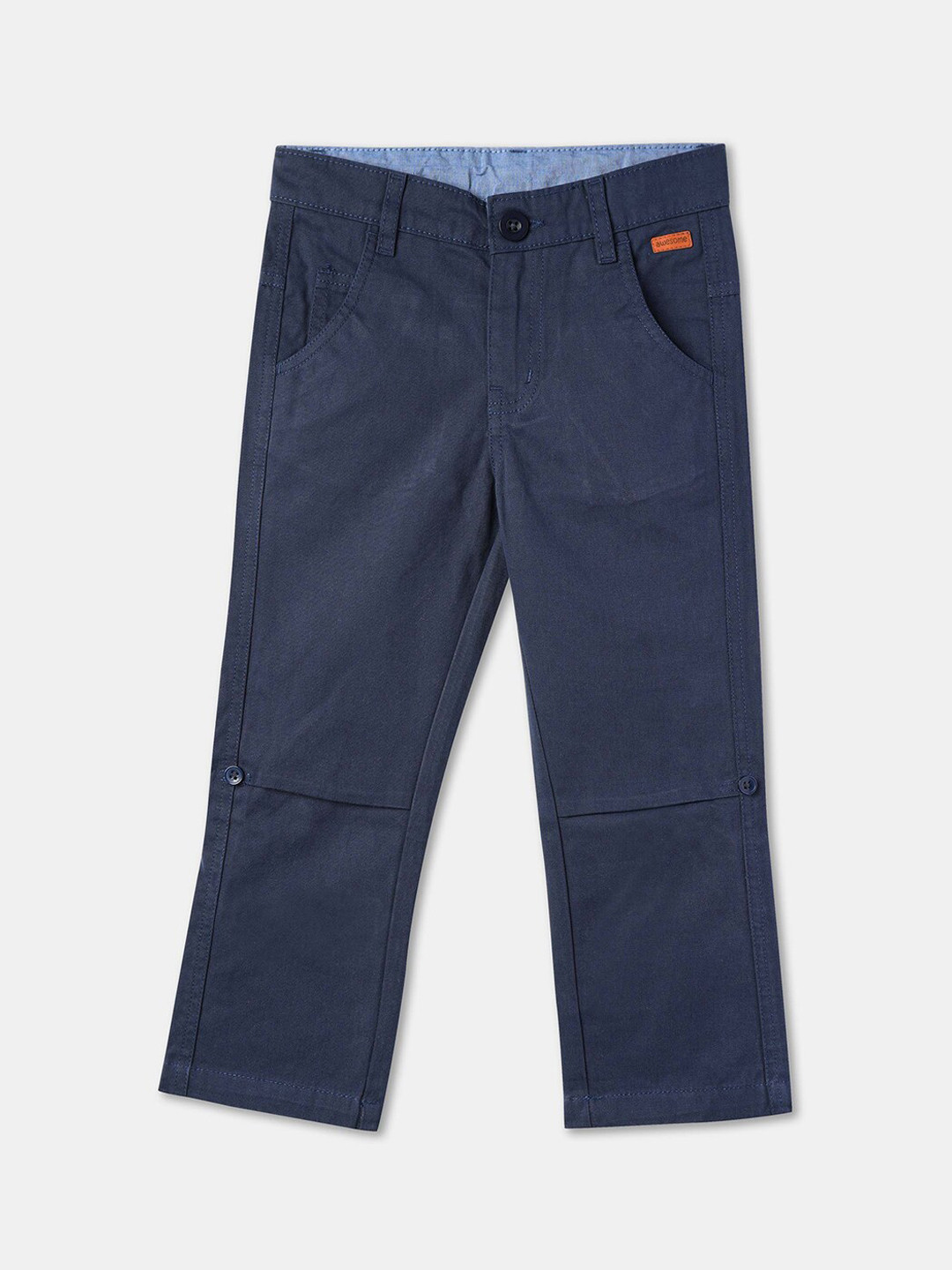 

R&B Boys Mid Rise Plain Cotton Trousers, Blue