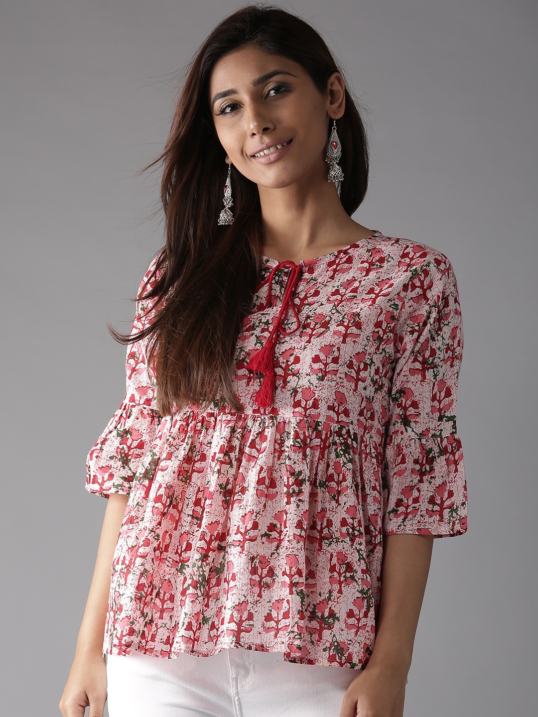 

HERE&NOW Red & Off-White Floral Empire Pure Cotton Top With Bell Sleeves