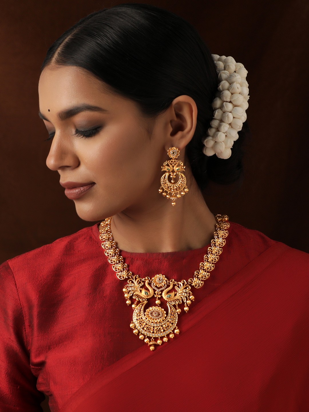 

Rubans 22K Gold-Plated Ruby, Emerald & Cubic Zirconia Studded Traditional Necklace Set