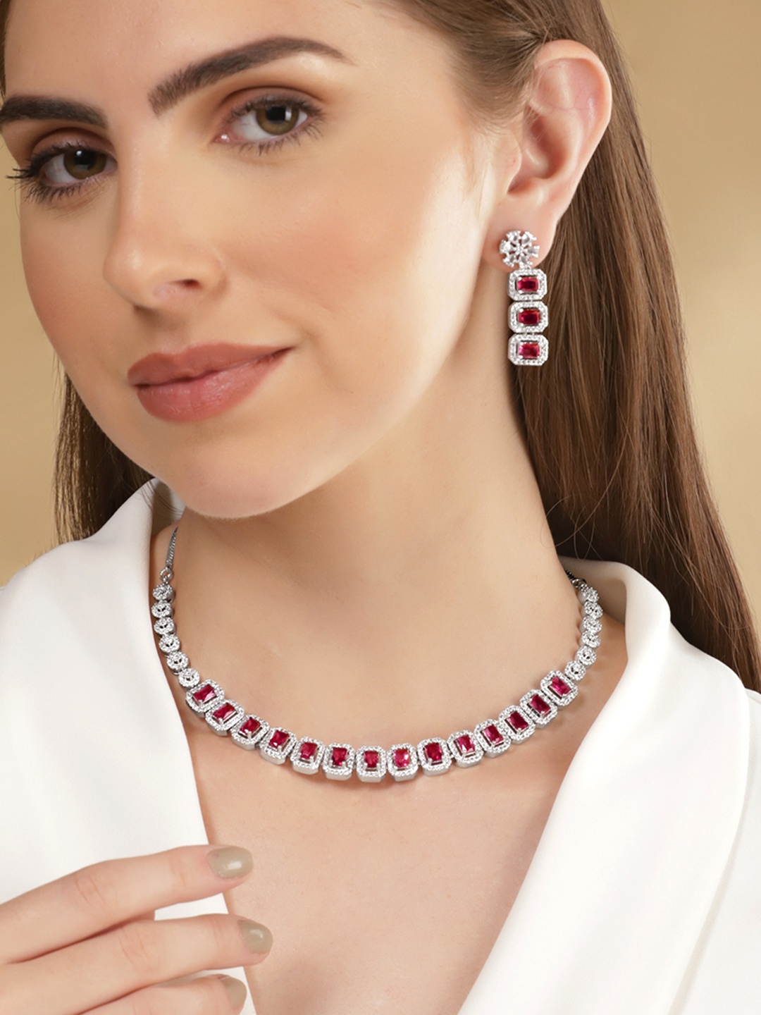 

Rubans Rhodium-Plated CZ-Studded Necklace Jewellery Set, Silver