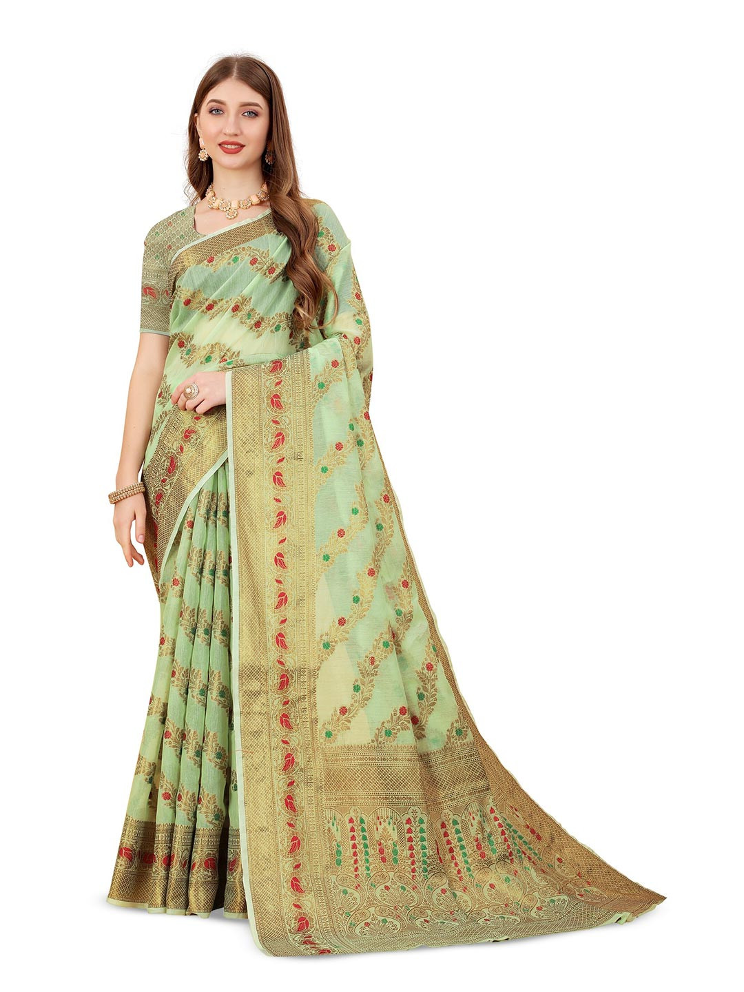 

CLEMIRA Floral Woven Design Zari Saree, Green