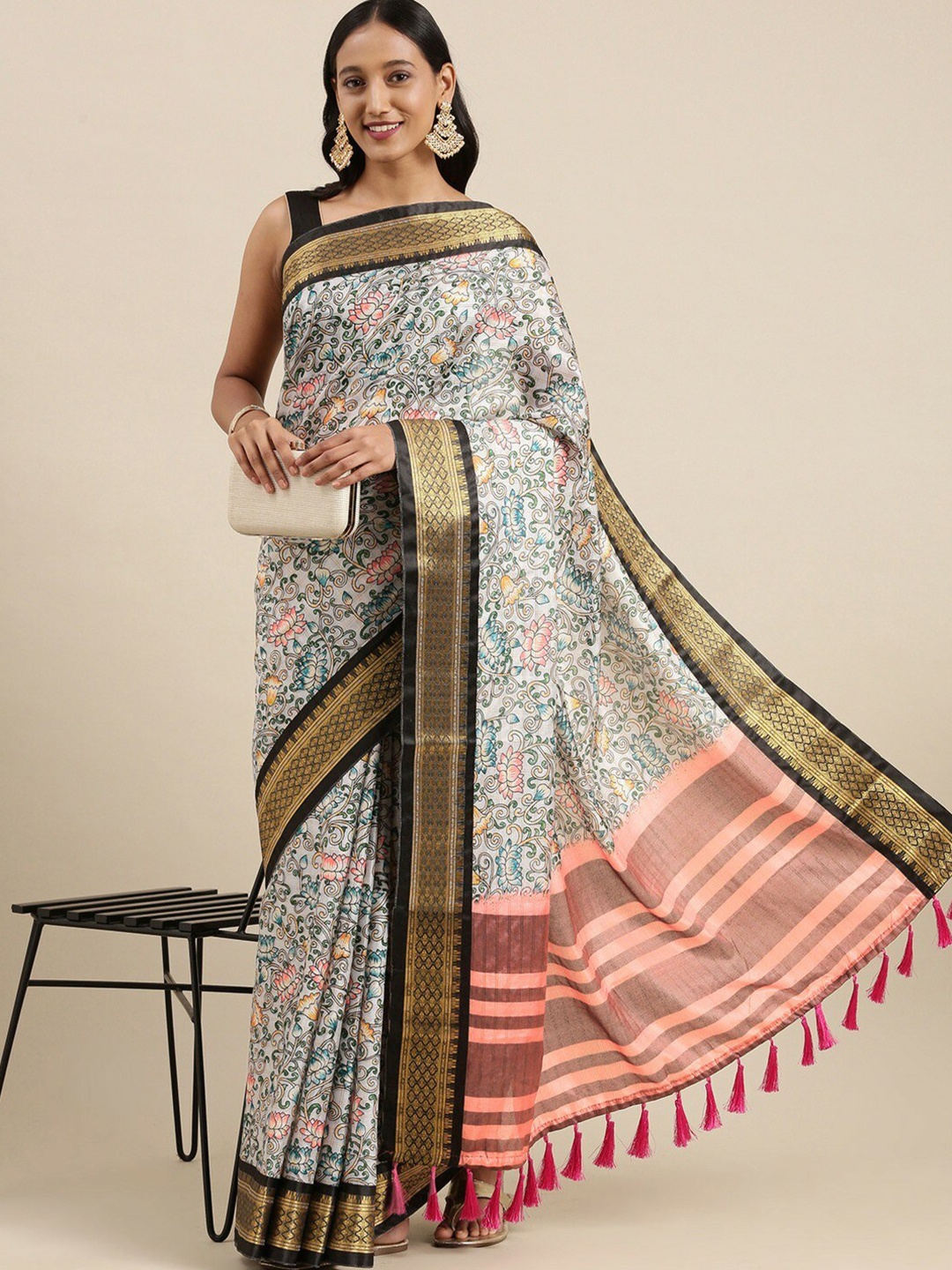 

CLEMIRA Floral Printed Zari Saree, Grey