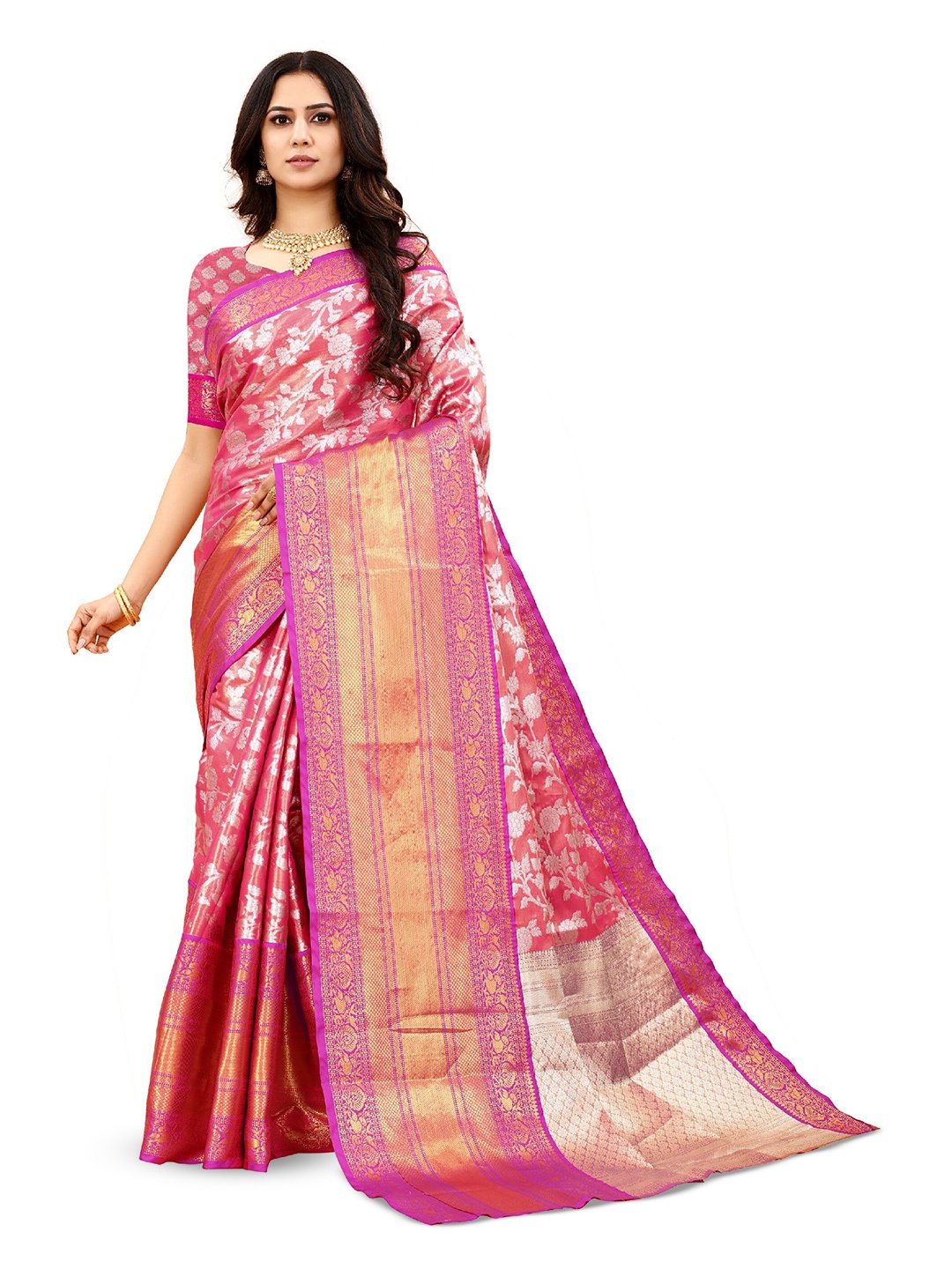 

CLEMIRA Floral Woven Design Zari Silk Blend Saree, Pink