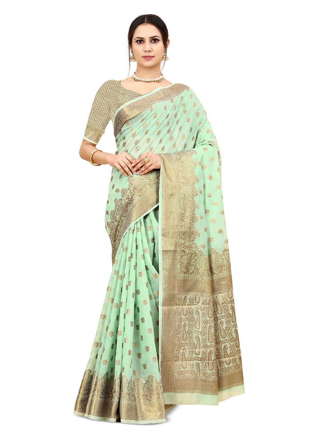 

CLEMIRA Ethnic Motifs Woven Design Zari Silk Blend Saree, Turquoise blue