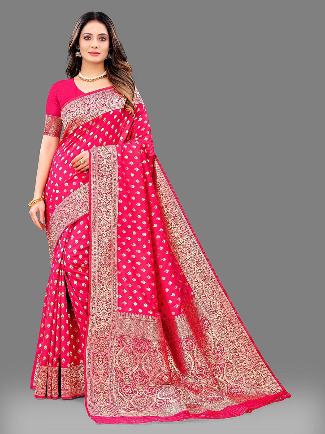 

CLEMIRA Woven Design Zari Silk Blend Saree, Pink