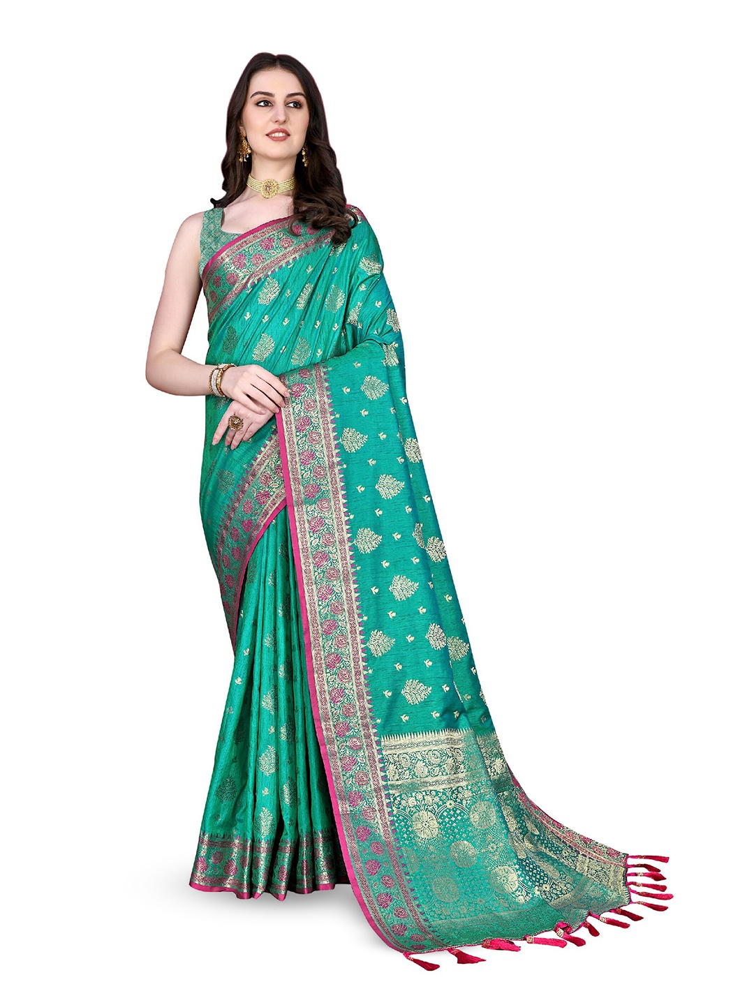 

CLEMIRA Floral Woven Design Zari Saree, Turquoise blue