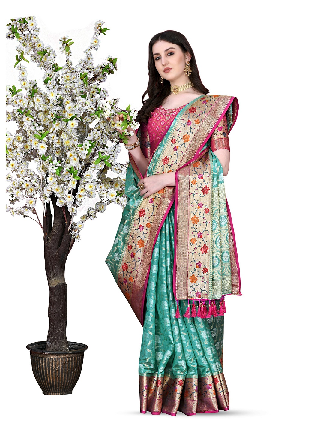 

CLEMIRA Woven Design Zari Saree, Turquoise blue