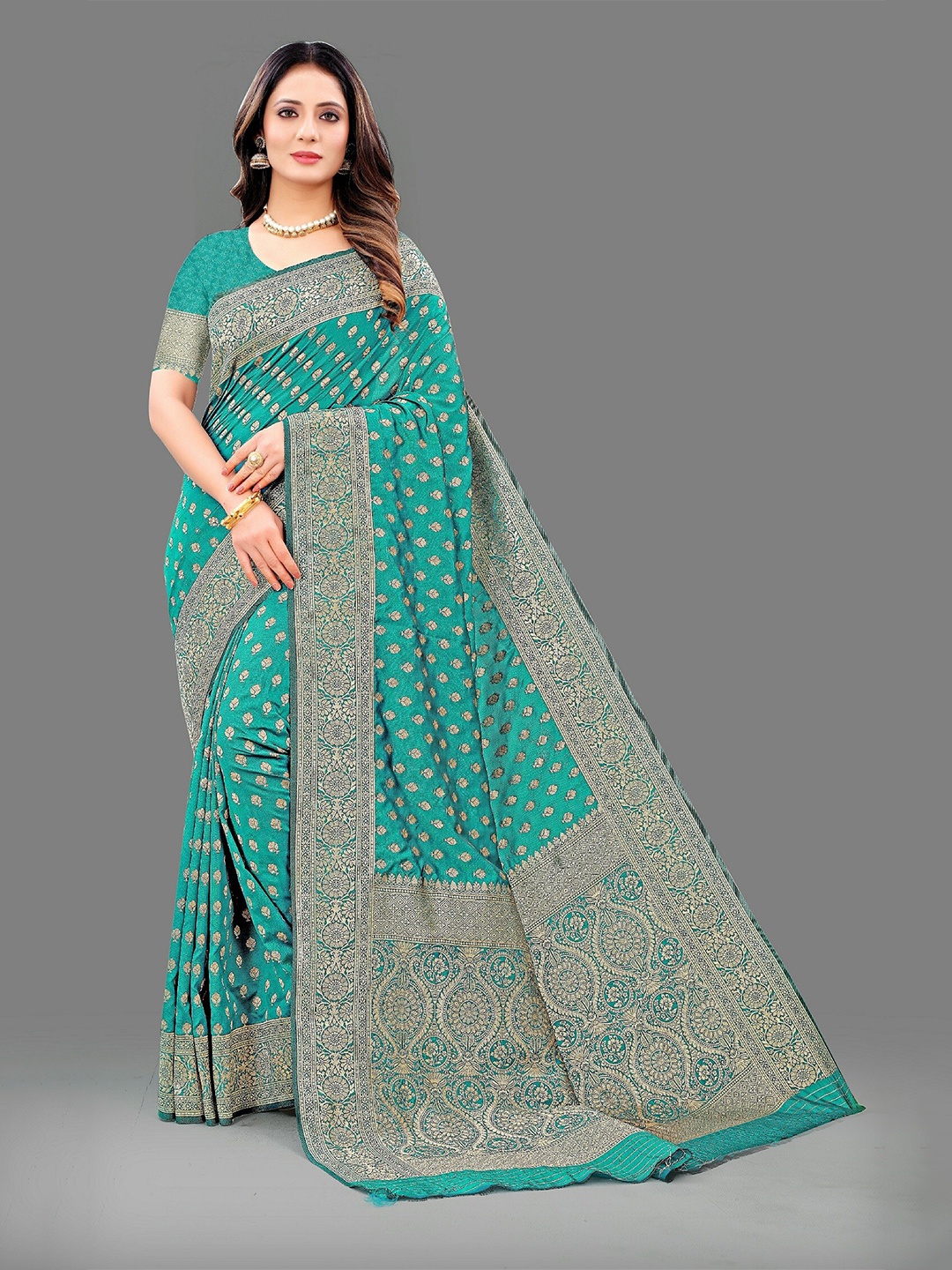 

CLEMIRA Ethnic Motifs Woven Design Zari Saree, Turquoise blue