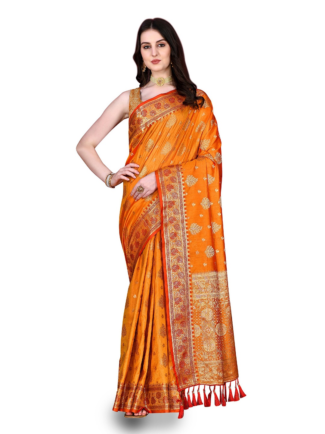 

CLEMIRA Ethnic Motifs Woven Design Zari Saree, Orange