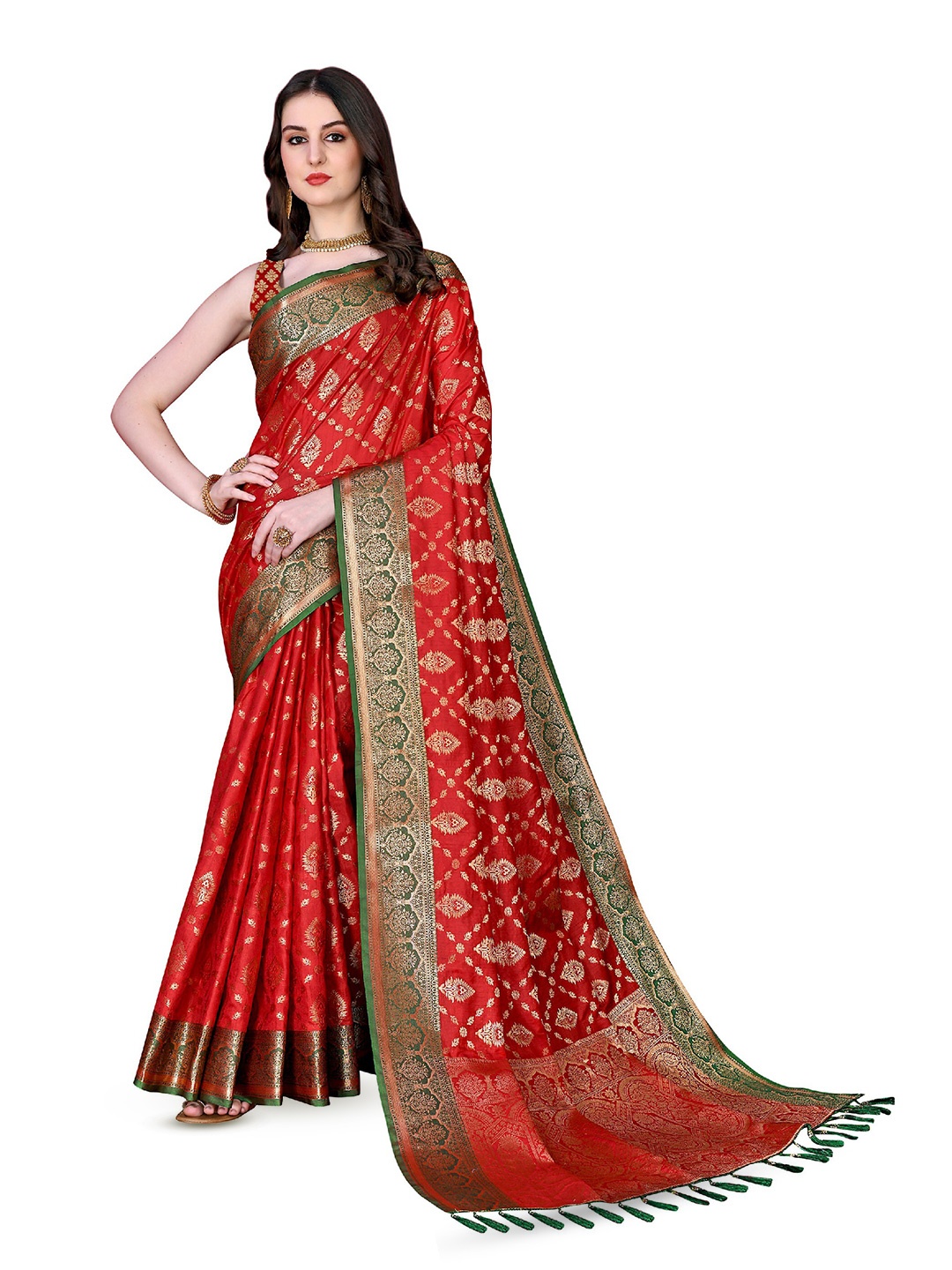 

CLEMIRA Ethnic Motifs Woven Design Silk Blend Zari Saree, Red