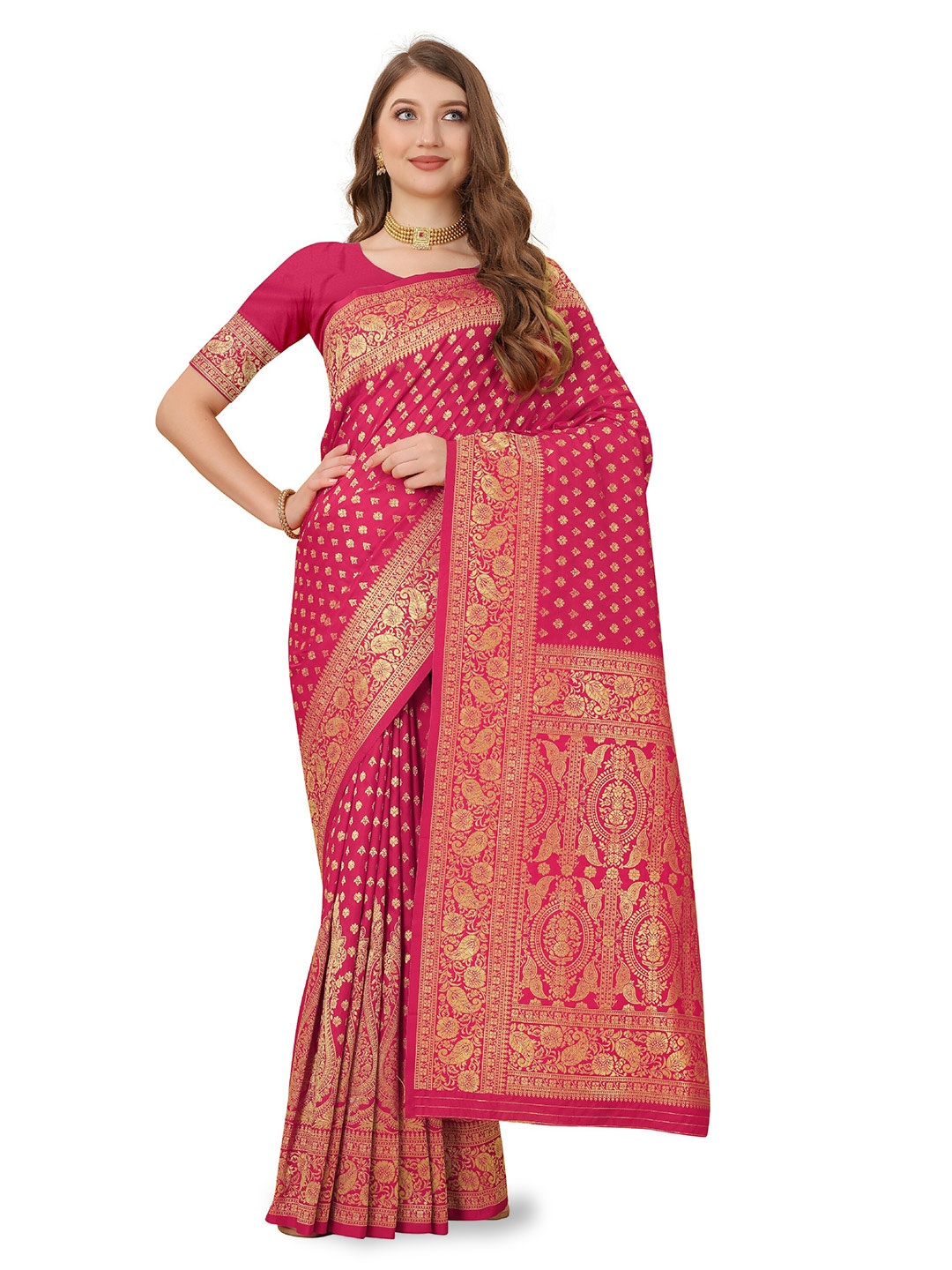 

CLEMIRA Ethnic Motifs Woven Design Zari Saree, Pink