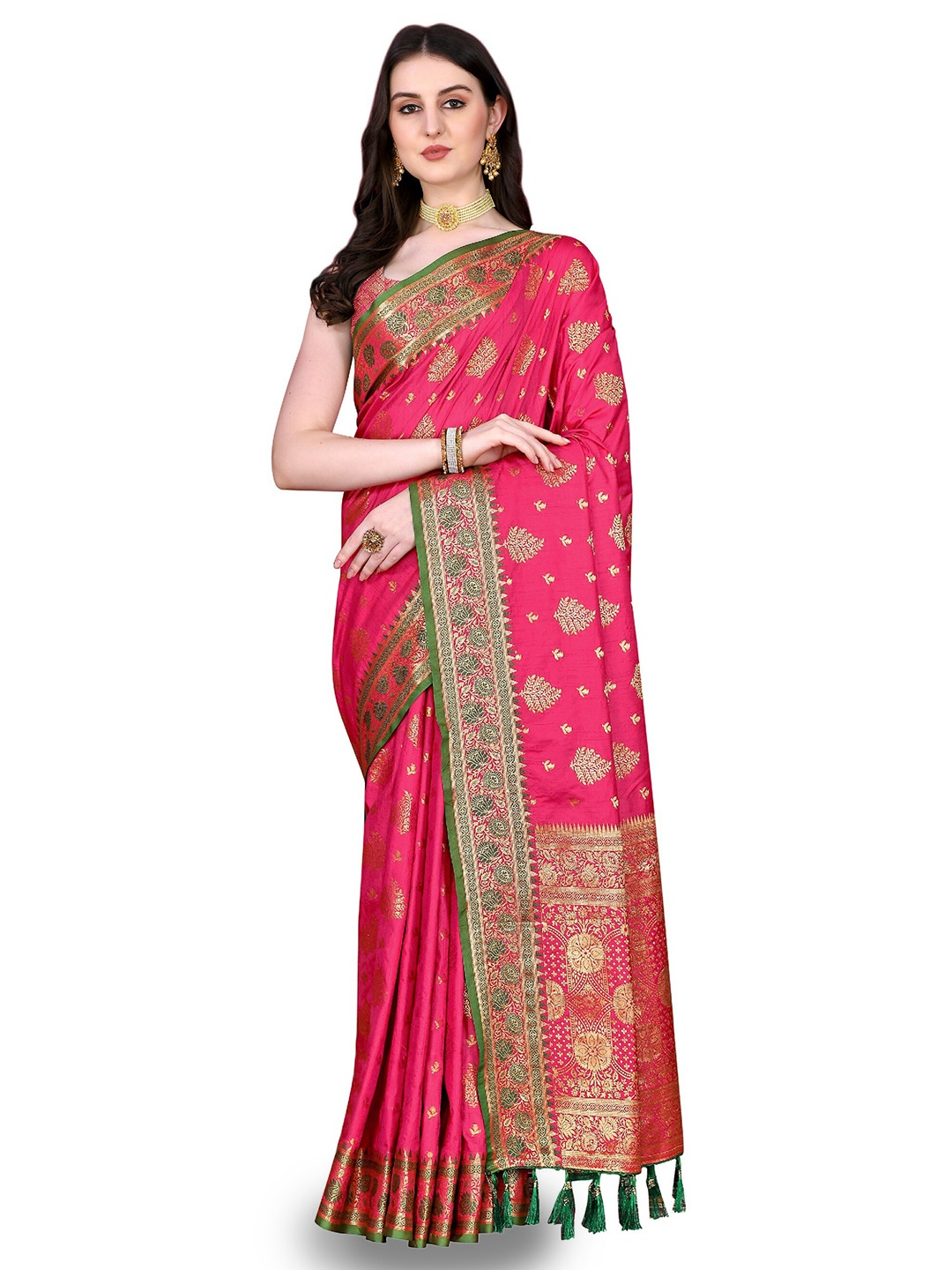 

CLEMIRA Ethnic Motifs Woven Design Zari Saree, Pink