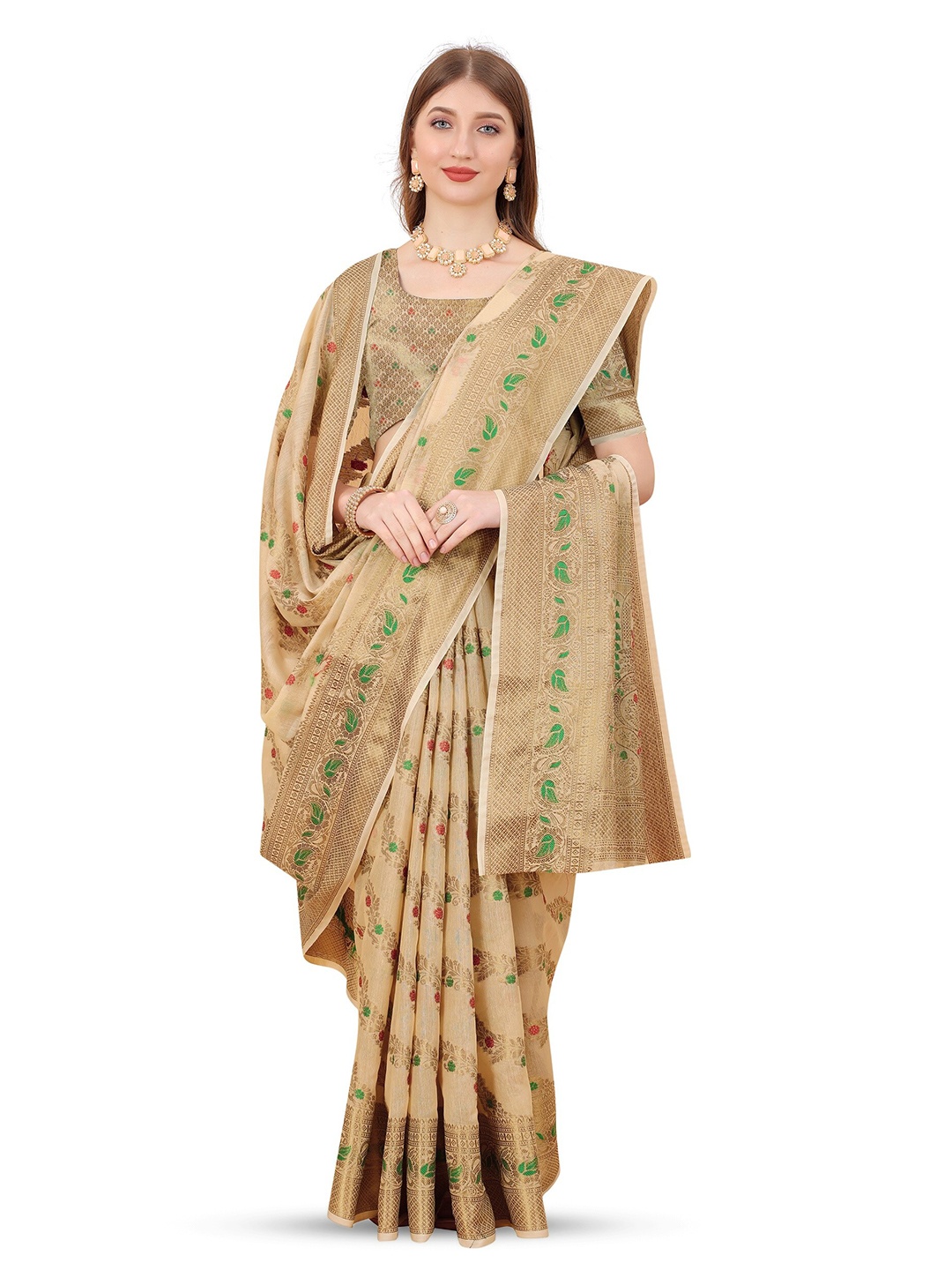 

CLEMIRA Woven Design Zari Saree, Beige