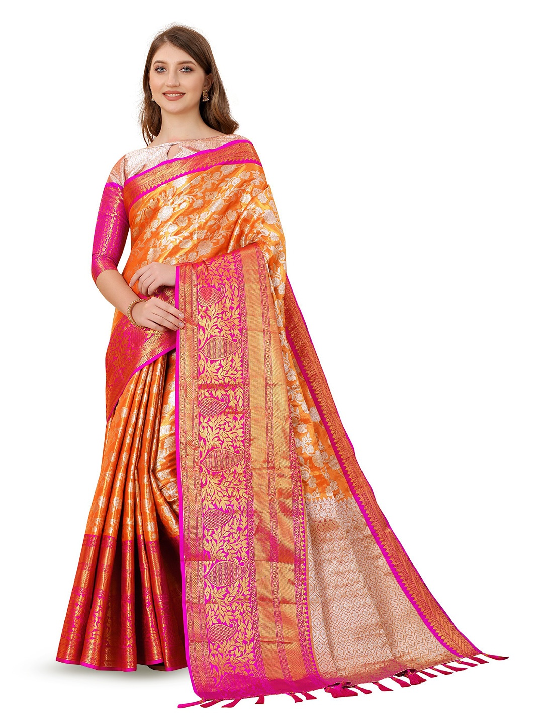 

CLEMIRA Floral Woven Design Zari Saree, Orange