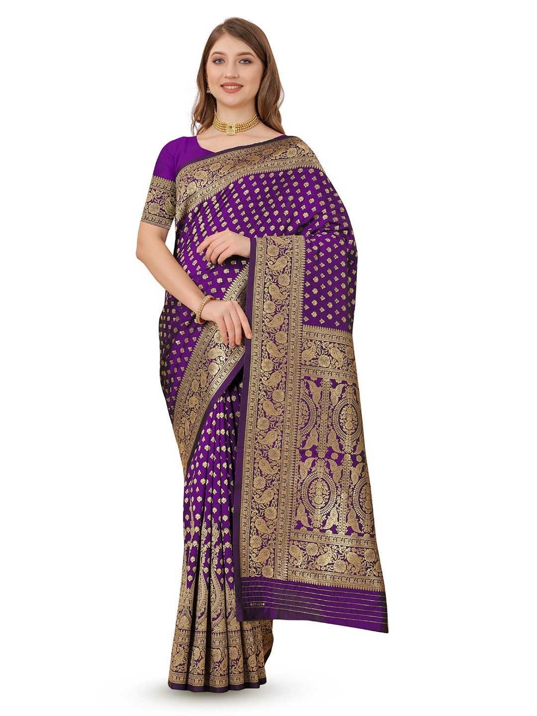 

CLEMIRA Ethnic Motifs Woven Design Zari Silk Blend Saree, Purple