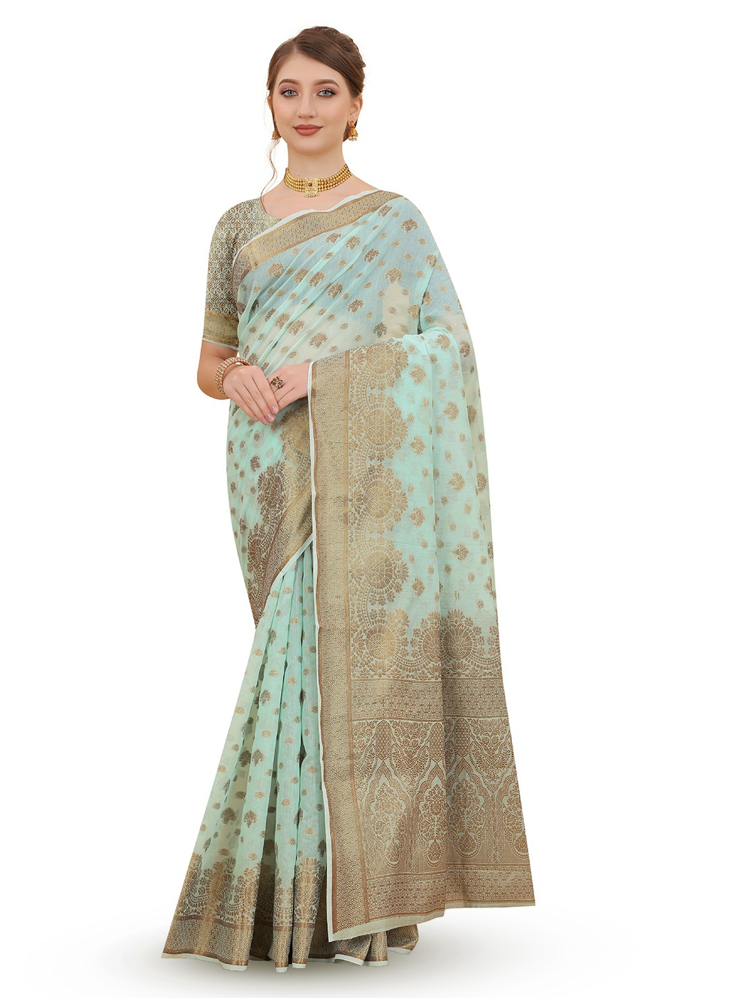

CLEMIRA Ethnic Motifs Woven Design Zari Silk Blend Saree, Turquoise blue